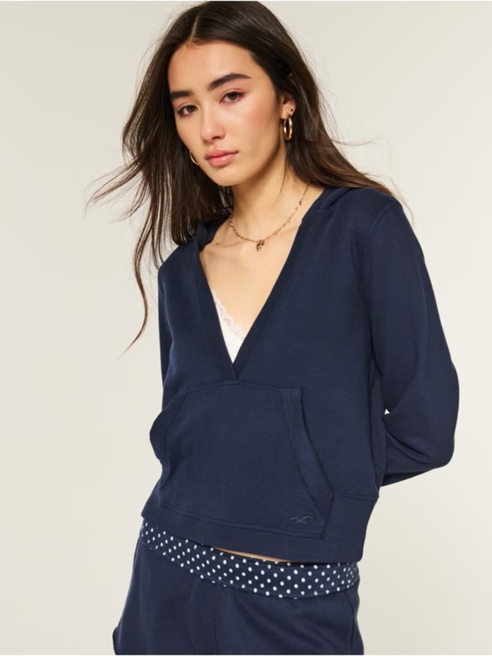 Hollister Navy Deep V Kangaroo Pocket Hoodie